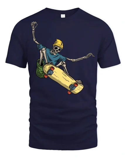 Skeleton Skateboard Funny Skater Streetwear Graphic T Shirt - navy t-shirt on white background