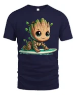 Cute Tree Baby Surfing Cartoon Graphic T Shirt - navy t-shirt on white background