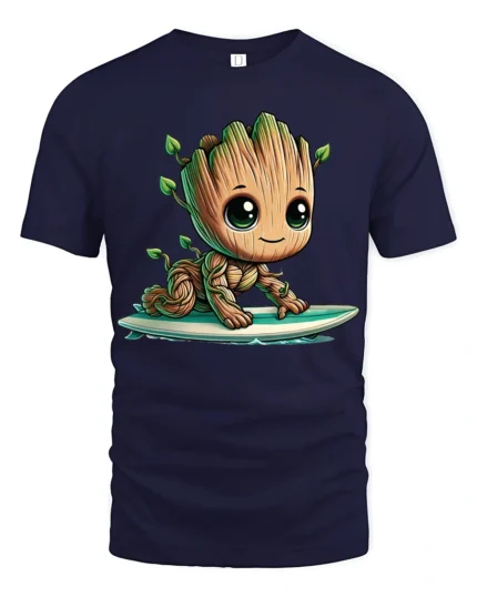 Cute Tree Baby Surfing Cartoon Graphic T Shirt - navy t-shirt on white background