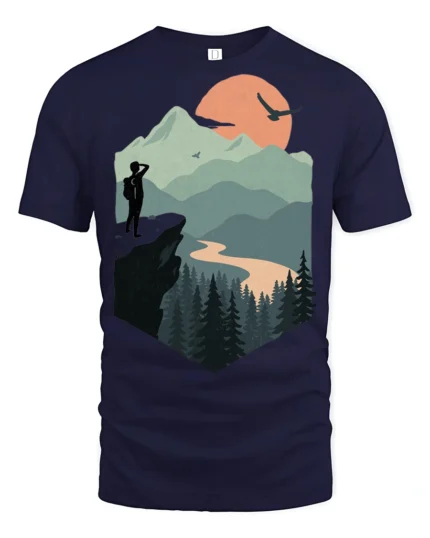 Mountain Sunset Hiker Adventure Nature Scenic T Shirt - navy t-shirt on white background