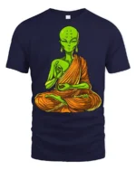 Alien Buddha Meditation Funny Spiritual Graphic T Shirt - navy t-shirt on white background