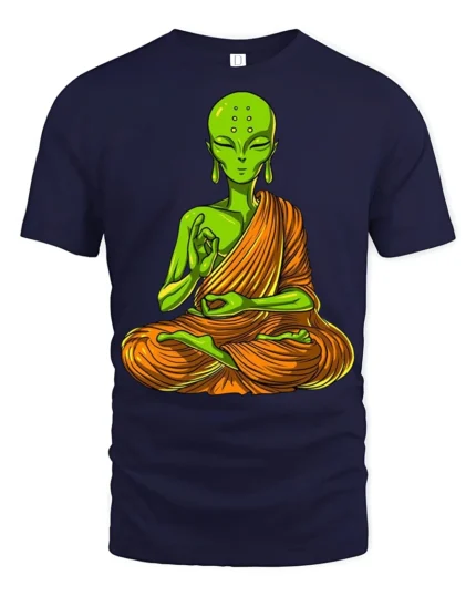 Alien Buddha Meditation Funny Spiritual Graphic T Shirt - navy t-shirt on white background