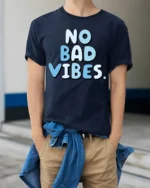 No Bad Vibes Cute Aesthetic Feel Good T Shirt - model wearing navy tee with hands in pockets