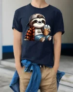 Cute Sloth Coffee Lover Cartoon Chill Graphic T Shirt - model wearing navy tee with hands in pockets