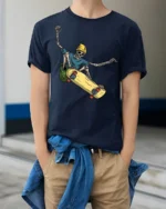 Skeleton Skateboard Funny Skater Streetwear Graphic T Shirt - model wearing navy tee with hands in pockets