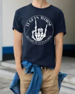 It Gets Worse Skeleton Hand Funny Dark Humor T Shirt - model wearing navy tee with hands in pockets
