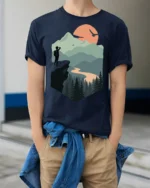 Mountain Sunset Hiker Adventure Nature Scenic T Shirt - model wearing navy tee with hands in pockets