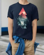 Geometric Mountain Sunset Hiking Adventure Graphic T Shirt - model wearing navy tee with hands in pockets