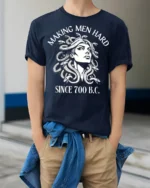 Medusa Making Men Hard Funny Mythology Graphic T Shirt - model wearing navy tee with hands in pockets