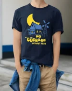 No Courage Without Fear Retro Horror Cartoon Graphic T Shirt - model wearing navy tee with hands in pockets