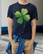 Lucky Four Leaf Clover St Patricks Day Graphic T Shirt - model wearing navy tee with hands in pockets