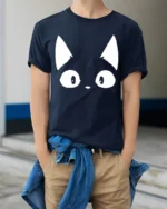 Cute Cat Eyes Minimalist Funny Graphic T Shirt - model wearing navy tee with hands in pockets