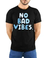 No Bad Vibes Cute Aesthetic Feel Good T Shirt - model wearing black tee with hands behind back
