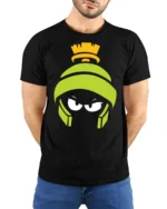 Martian Alien Cartoon Angry Face Funny Graphic T Shirt - model wearing black tee with hands behind back