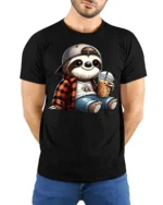 Cute Sloth Coffee Lover Cartoon Chill Graphic T Shirt - model wearing black tee with hands behind back