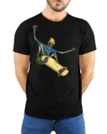 Skeleton Skateboard Funny Skater Streetwear Graphic T Shirt - model wearing black tee with hands behind back