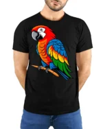 Colorful Parrot Bird Tropical Animal Graphic T Shirt - model wearing black tee with hands behind back