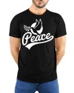 Peace Dove Symbol Positive Message Graphic T Shirt - model wearing black tee with hands behind back