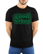 Good Vibes Only Positive Energy Aesthetic Graphic T Shirt - model wearing black tee with hands behind back