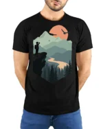 Mountain Sunset Hiker Adventure Nature Scenic T Shirt - model wearing black tee with hands behind back