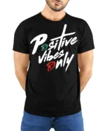 Positive Vibes Only Bold Script Motivational T Shirt - model wearing black tee with hands behind back
