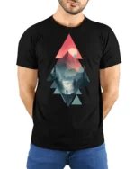 Geometric Mountain Sunset Hiking Adventure Graphic T Shirt - model wearing black tee with hands behind back