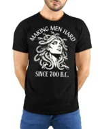 Medusa Making Men Hard Funny Mythology Graphic T Shirt - model wearing black tee with hands behind back