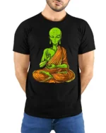Alien Buddha Meditation Funny Spiritual Graphic T Shirt - model wearing black tee with hands behind back