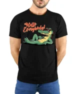 Hello Everybody Funny Alligator Cartoon Graphic T Shirt - model wearing black tee with hands behind back