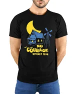 No Courage Without Fear Retro Horror Cartoon Graphic T Shirt - model wearing black tee with hands behind back