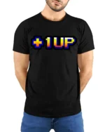 Level Up Gamer Pixel Retro Arcade Graphic T Shirt - model wearing black tee with hands behind back