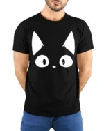 Cute Cat Eyes Minimalist Funny Graphic T Shirt - model wearing black tee with hands behind back