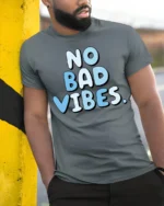 No Bad Vibes Cute Aesthetic Feel Good T Shirt - model wearing grey tee, leaning on column