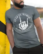 It Gets Worse Skeleton Hand Funny Dark Humor T Shirt - model wearing grey tee, leaning on column