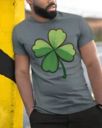 Lucky Four Leaf Clover St Patricks Day Graphic T Shirt - model wearing grey tee, leaning on column