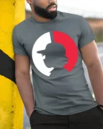 Baseball Split Silhouette Graphic Fan Pride T Shirt - model wearing grey tee, leaning on column