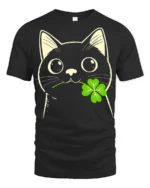 Adorable Black Cat Clover Lucky Charm Cartoon T Shirt - black t-shirt on white background