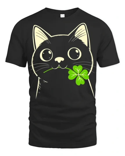 Adorable Black Cat Clover Lucky Charm Cartoon T Shirt - black t-shirt on white background
