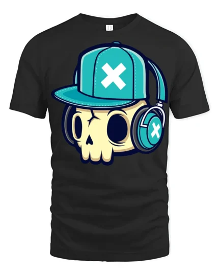 DJ Skull With Headphones Urban Style Graphic Tee Shirt - black t-shirt on white background