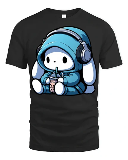 Kawaii Bunny With Headphones Drinking Boba T Shirt - black t-shirt on white background