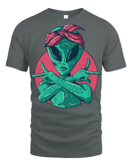 Hip Hop Alien Gangster Style Funny Graphic Tee Shirt - gray t-shirt on white background