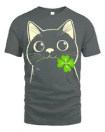 Adorable Black Cat Clover Lucky Charm Cartoon T Shirt - gray t-shirt on white background