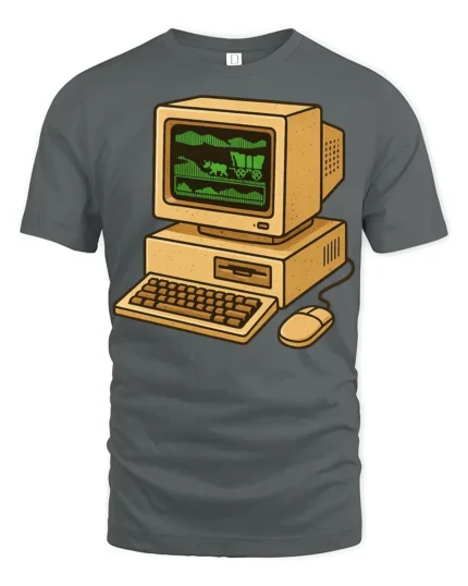 Retro Computer Oregon Trail Style Vintage Gamer T Shirt - gray t-shirt on white background