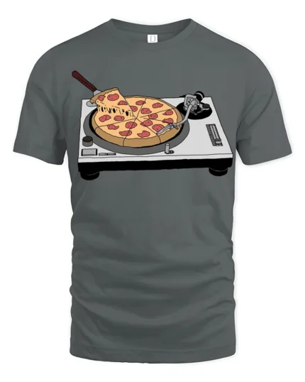 Funny Pizza DJ Turntable Music Lover Foodie T Shirt - gray t-shirt on white background