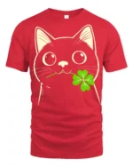 Adorable Black Cat Clover Lucky Charm Cartoon T Shirt - red t-shirt on white background