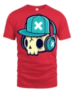 DJ Skull With Headphones Urban Style Graphic Tee Shirt - red t-shirt on white background