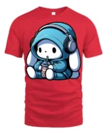 Kawaii Bunny With Headphones Drinking Boba T Shirt - red t-shirt on white background
