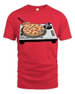Funny Pizza DJ Turntable Music Lover Foodie T Shirt - red t-shirt on white background
