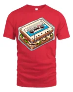 Retro Cassette Sandwich Funny Vintage Food Music T Shirt - red t-shirt on white background