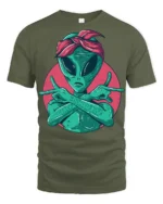 Hip Hop Alien Gangster Style Funny Graphic Tee Shirt - military green t-shirt on white background